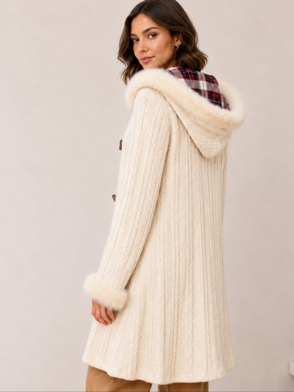 Cream Beige Cable-Textured Hooded Cardigan Faux Fur Plaid Hood